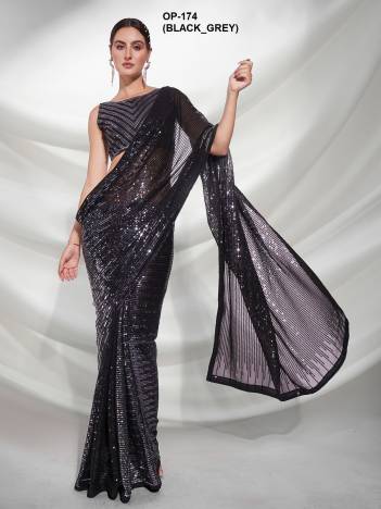 D.NO. OP 174(BLACK&GREY) BY LAXMINAM GEORGETTE SAREE MANUFACTURER IN INDIA